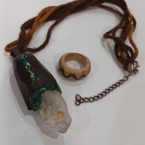 Wood Turquoise Quartz Pendant and Ring